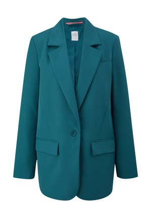 Teal blazer made of smooth fabric, featuring a notched collar, single button closure, and two front flap pockets.