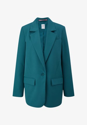 Teal blazer van gladde stof, met een geknipte revers, enkele knoopsluiting en twee voorste flappen zakken.