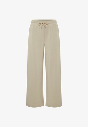 Pantaloni beige a gamba larga realizzati in un tessuto morbido, con vita elastica e cordoncino. Senza tasche; texture liscia e design semplice.