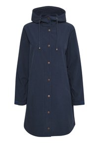 Manteau de pluie à capuche bleu marine avec des boutons-pression en métal, cordon élastique à la capuche et manches longues. Tissu lisse avec une texture subtile.