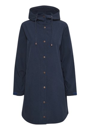 Navy hooded raincoat with metal snap buttons, elastic drawstring at the hood, and long sleeves. Smooth fabric with a subtle texture.