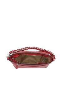 Red leather handbag with a chain strap. Features a zip closure, fabric-lined interior, and a textured design along the bag's edge.