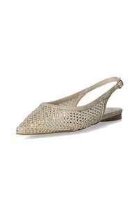 Ballerine beige in tessuto intrecciato con punta affusolata e lati aperti, caratterizzate da un design testurizzato e una piccola fibbia regolabile alla caviglia.