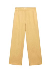 Pantalon taille haute à jambes larges de couleur beige clair, avec une ceinture plate et des coutures ajustées, présenté sur un fond blanc.