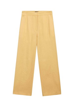 Pantalon taille haute à jambes larges de couleur beige clair, avec une ceinture plate et des coutures ajustées, présenté sur un fond blanc.