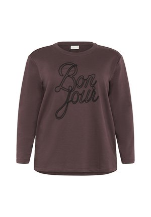 Long-sleeve, brown cotton sweatshirt featuring black embroidered text "Bon Jour" in a cursive font. Rounded neckline and relaxed fit.