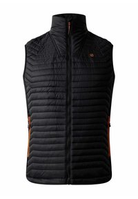 Schwarze Steppweste mit hohem Kragen, verziert mit gestepptem Muster und horizontalen Streifen. Enthält orangefarbene Reißverschlüsse und seitliche Taschen.