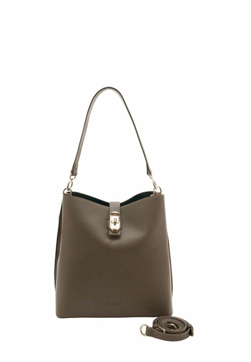 Sac à main en cuir kaki avec une texture lisse, doté d'un rabat supérieur, d'une fermeture à boucle en métal argenté et d'une bandoulière réglable.