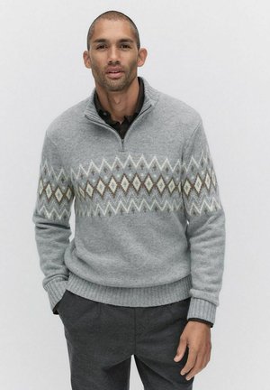 Light gray wool sweater with a half-zip collar, featuring a geometric pattern in brown and cream across the chest. Ribbed cuffs and hem.
