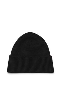 Black knitted beanie made from soft wool, featuring a ribbed texture and a rolled cuff at the base for a snug fit.