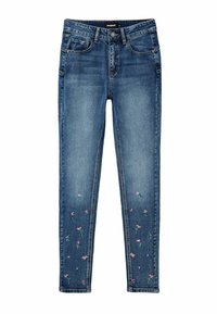 Slim jeans i medelblå denim med blommönster broderade längs de nedre benen. Har framfickor och en traditionell knapp-och-dragkedjestängning.
