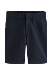 Tumesinised püksid, mis on valmistatud siledast kootud kangast, elastse vöökohaga, ees laiad taskud ning puuduvad nähtavad mustrid või kaunistused.