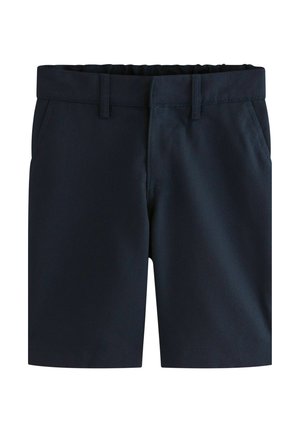 Tummansinisiä shortseja, jotka on valmistettu sileästä, kudotusta kankaasta ja joissa on joustava vyötärönauha, litteät etutaskut sekä ei näkyviä kuvioita tai koristeita.