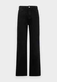 Svart vide bukser i denim med en glatt tekstur, med frontlukking med knapp, beltehemper og klassisk femlommersdesign.