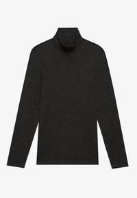 Tricou cu guler înalt, cu mânecă lungă, de culoare neagră, confecționat dintr-un material moale și gros, cu un design ajustat și cusături plate pentru o finisare netedă.