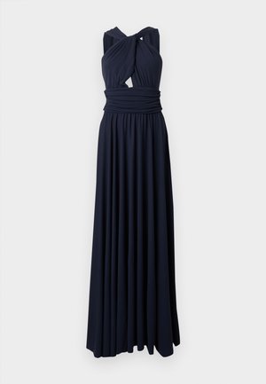 Modré námornícke dlhé šaty bez rukávov s prekríženým halterneck výstrihom, predným výrezom v tvare kľúčovej dierky a pásom so záhybmi.