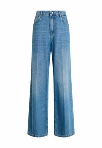 Jeans in denim blu a gamba larga con vita alta, dotati di tasche posteriori e chiusura a bottone. Il tessuto ha una consistenza liscia e una leggera scoloritura.