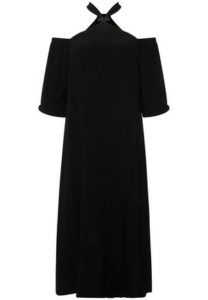 Schwarzes Kleid mit hohem Ausschnitt, kalten Schultern und kurzen Puffärmeln. Hergestellt aus einem glatten Stoff, mit einer Schleifen-Detail am Ausschnitt.