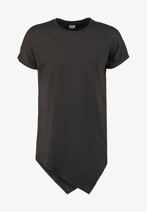 Black short-sleeve T-shirt made of smooth fabric, featuring a curved hemline and casual fit with rolled sleeves.