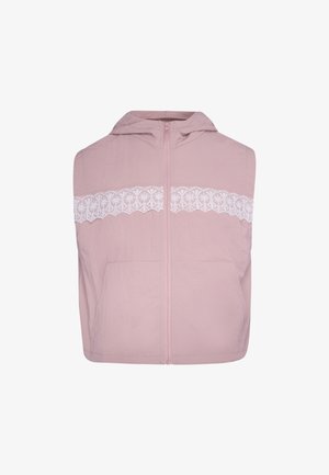 Hellrosa ärmellose Jacke mit Frontreißverschluss, Kapuze, zwei Taschen und einem dekorativen weißen Spitzenband quer über der Brust.
