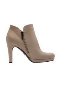 Bottine beige en daim, avec un talon haut, une pointe arrondie et une fermeture à glissière sur le côté, dotée d'une semelle à plateforme.