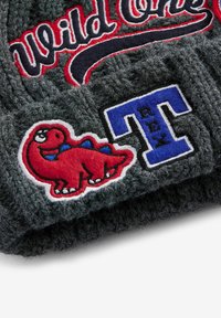 Bonnet en tricot gris avec un patch de dinosaure rouge, des accents bleus et des lettres brodées "Wild One" et "T" dans des couleurs contrastées.