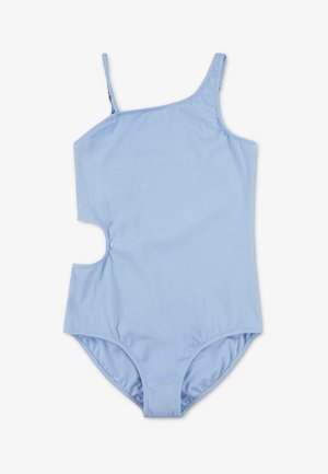 Hellblauer, gerippter Badeanzug mit einer Schulter und Cut-out-Detail. Hergestellt aus strukturiertem, elastischem Material für Komfort und Passform.