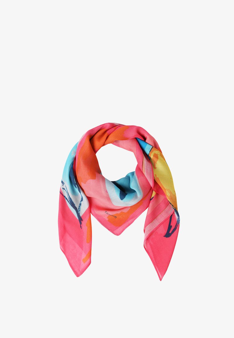 Foulard carré avec des motifs abstraits vibrants en rose, orange, bleu et jaune, plié lâchement avec des extrémités pointues.