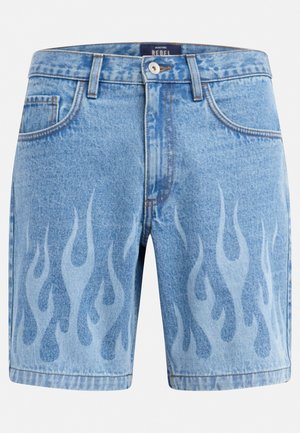 Svetlo modri denim kratke hlače z visokim pasom, zapiranjem na gumbe, sprednjimi žepi in vzorcem ognja na sprednjih nogah.