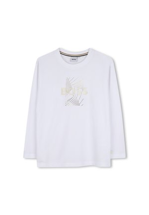Chemise blanche à manches longues avec col rond et lignes géométriques dorées formant un rectangle, avec le nom de la marque BOSS en doré au centre de la poitrine.
