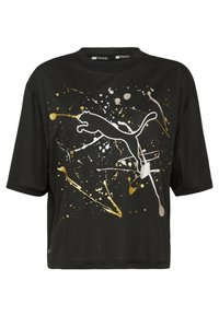 Černé zkrácené tričko z látky s kulatým výstřihem. Na přední straně bílý silueta skákající kočky a vícebarevné skvrny.