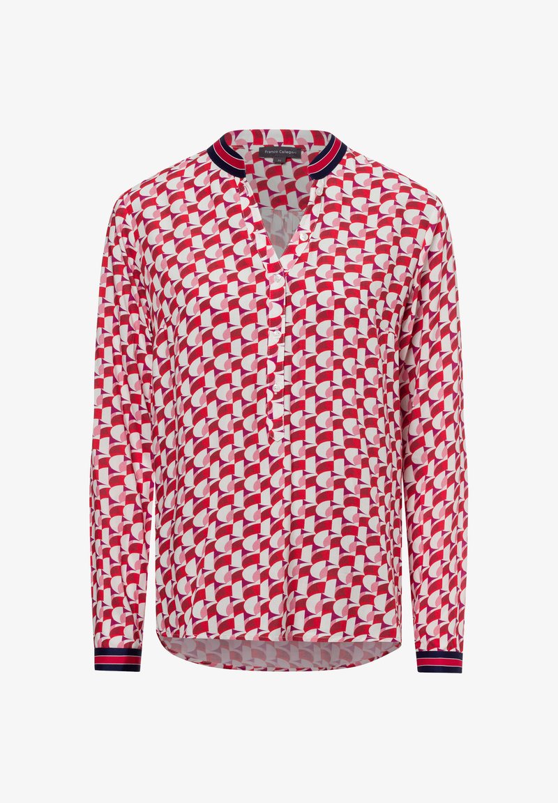 Langarmhemd in einem geometrischen Muster aus Rot, Weiß und Marineblau. Mit einem runden Halsausschnitt, einer Knopfleiste und kontrastierenden Ärmeln.