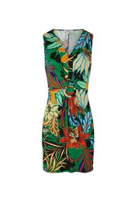 Ärmelloses grünes Kleid mit floralem Muster in Rot, Gelb, Blau und Braun, mit einem Knoten-Detail auf der Vorderseite und einem runden Akzent in der Taille.
