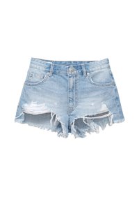 Shorts en denim bleu clair avec des détails effilochés, des ourlets effilochés et cinq poches. Caractéristiques : fermeture à bouton et passants de ceinture.