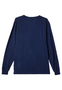 Long-sleeve navy shirt made of cotton, featuring a crew neckline and ribbed cuffs. Smooth texture with no visible patterns or hardware.