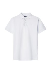 White polo shirt made of soft cotton, featuring a classic collar, three-button placket, and embroidered logo on the chest. Short sleeves.