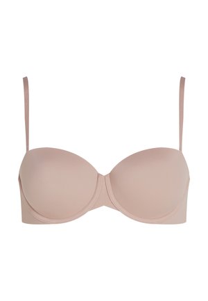 Pink padded strapless bra with seamless cups and adjustable straps, designed for comfort and support. Smooth fabric texture.