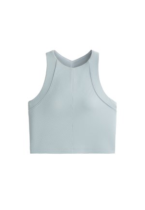Helles blaues Sport-Crop-Top mit hohem Kragen, geripptem Textur und nahtlosen Kanten für Komfort und Flexibilität.