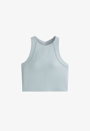 Lyseblå atletisk crop top med høj halsudskæring, ribbet tekstur og sømløse kanter for komfort og fleksibilitet.