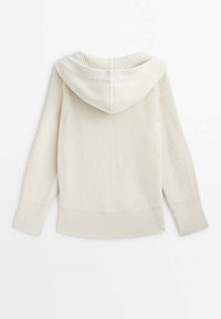 Beige gebreide hoodie met een gestructureerde stof en ribbels aan de mouwen, voorzien van een gestructureerde capuchon en een rechte zoom.