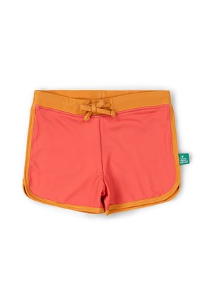 Kids' swim shorts in coral with mustard waistband, side trim, and front tie, featuring a small green brand tag on the side.