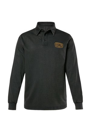 Sort langærmet polo t-shirt lavet af tekstureret stof, med en knaplukning og et broderet gult logo på brystet.