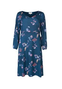 Blumenmusterkleid mit langen Ärmeln, V-Ausschnitt und tailliertem Schnitt. Dunkeltürkisfarbene Stoff mit bunten Blumen und gepunktetem Muster.