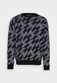 Sudadera negra con un patrón geométrico en tonos grises y matices iridiscentes. Cuenta con un cuello redondo y puños y dobladillo acanalados.