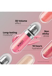 Tubes de gloss à lèvres paillettes rose et beige avec bouchons argentés, mettant en valeur un effet volume 3D, une hydratation longue durée, une brillance non collante et 10 heures d'hydratation.