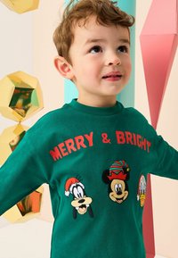 Zelená košeľa s dlhým rukávom s nápisom "MERRY & BRIGHT" v červenej farbe, so vyšívanými postavičkami: Goofy, Mickey a Donald v slávnostnom oblečení.