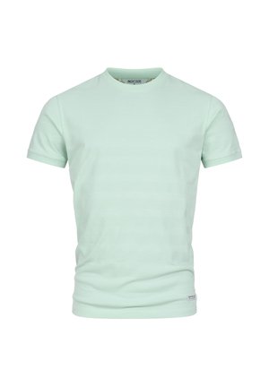 T-shirt verde chiaro a maniche corte con sottili righe orizzontali, scollo rotondo e una piccola etichetta del marchio vicino all'orlo inferiore.