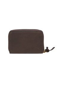 Portefeuille en cuir marron de forme rectangulaire, doté d'une fermeture éclair, d'une texture lisse et de coutures discrètes le long des bords.