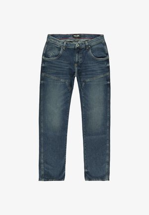 Donkerblauwe denim jeans met een rechte snit, voorzien van voorzakken, een knoopsluiting en verweerde details over de stof.