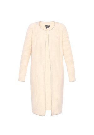 Lang, åben front cardigan i krèmefarvet strikstof. Har ribbet tekstur, lange ærmer og en lige pasform ned til midt på låret.